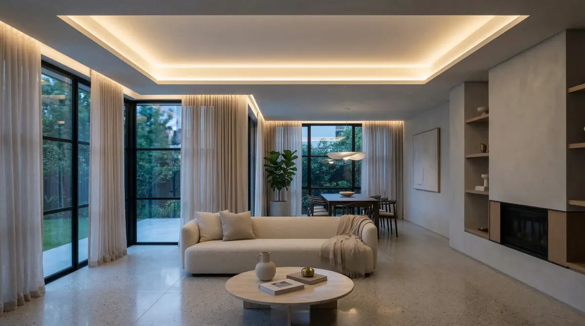 Techo foseado con iluminación LED indirecta en un salón de líneas rectas