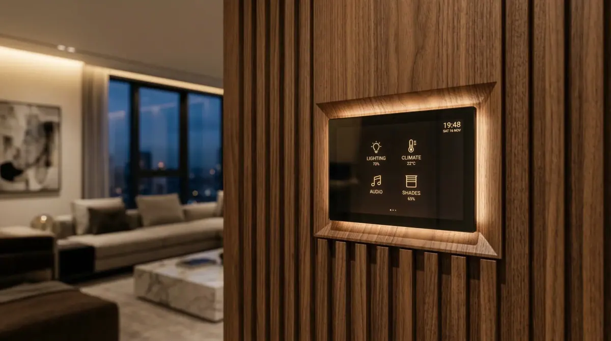 Mecanismos eléctricos enrasados en una pared de microcemento