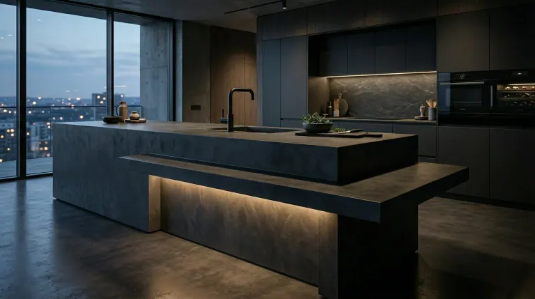 Cocina con isla y frente continuo de microcemento