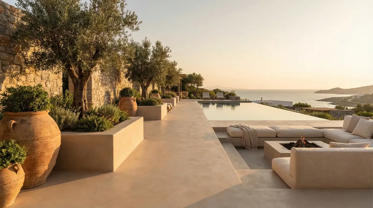 Terraza y piscina revestidas con microcemento antideslizante resistente al cloro