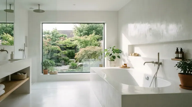 Baño con paredes y plato de ducha continuos de microcemento